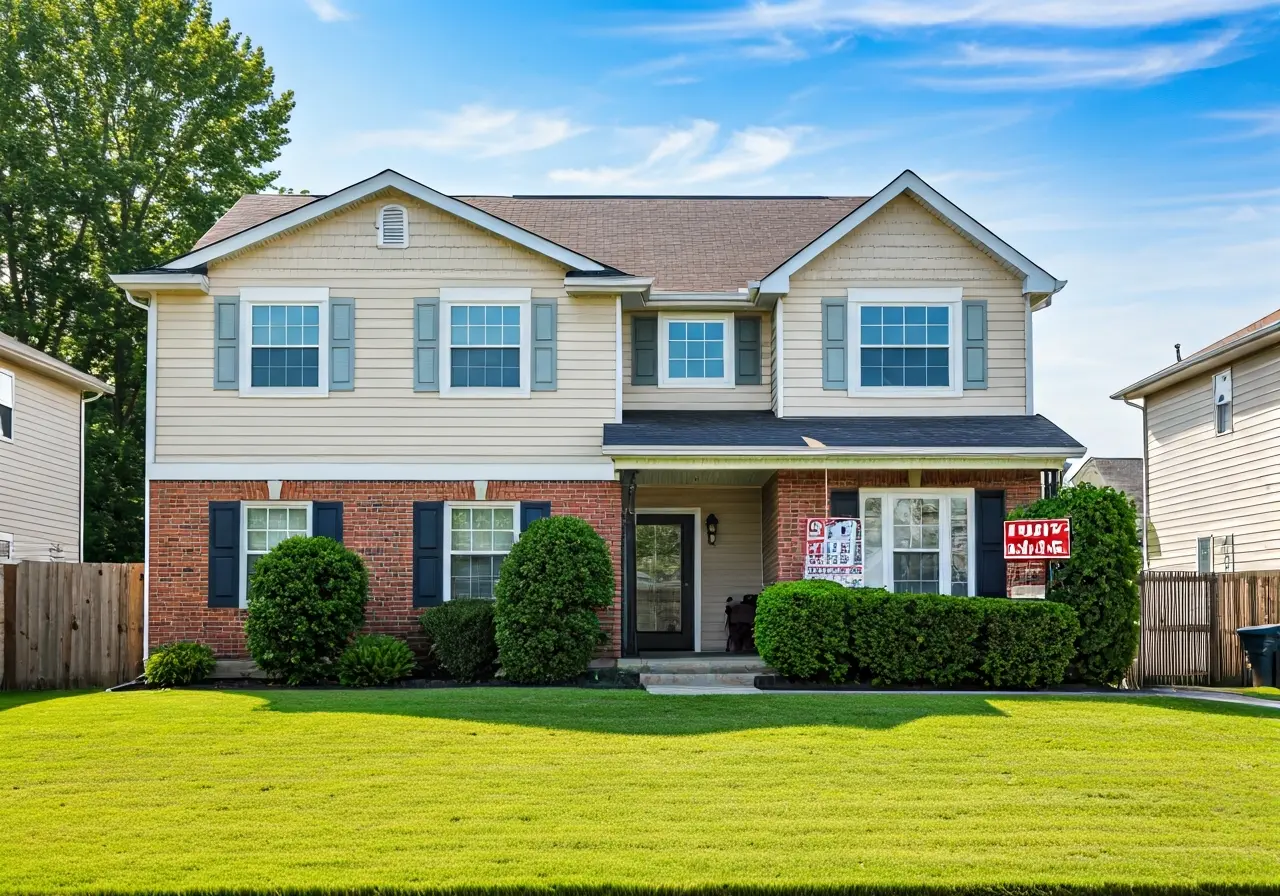 A cozy suburban house with a For Sale sign. 35mm stock photo