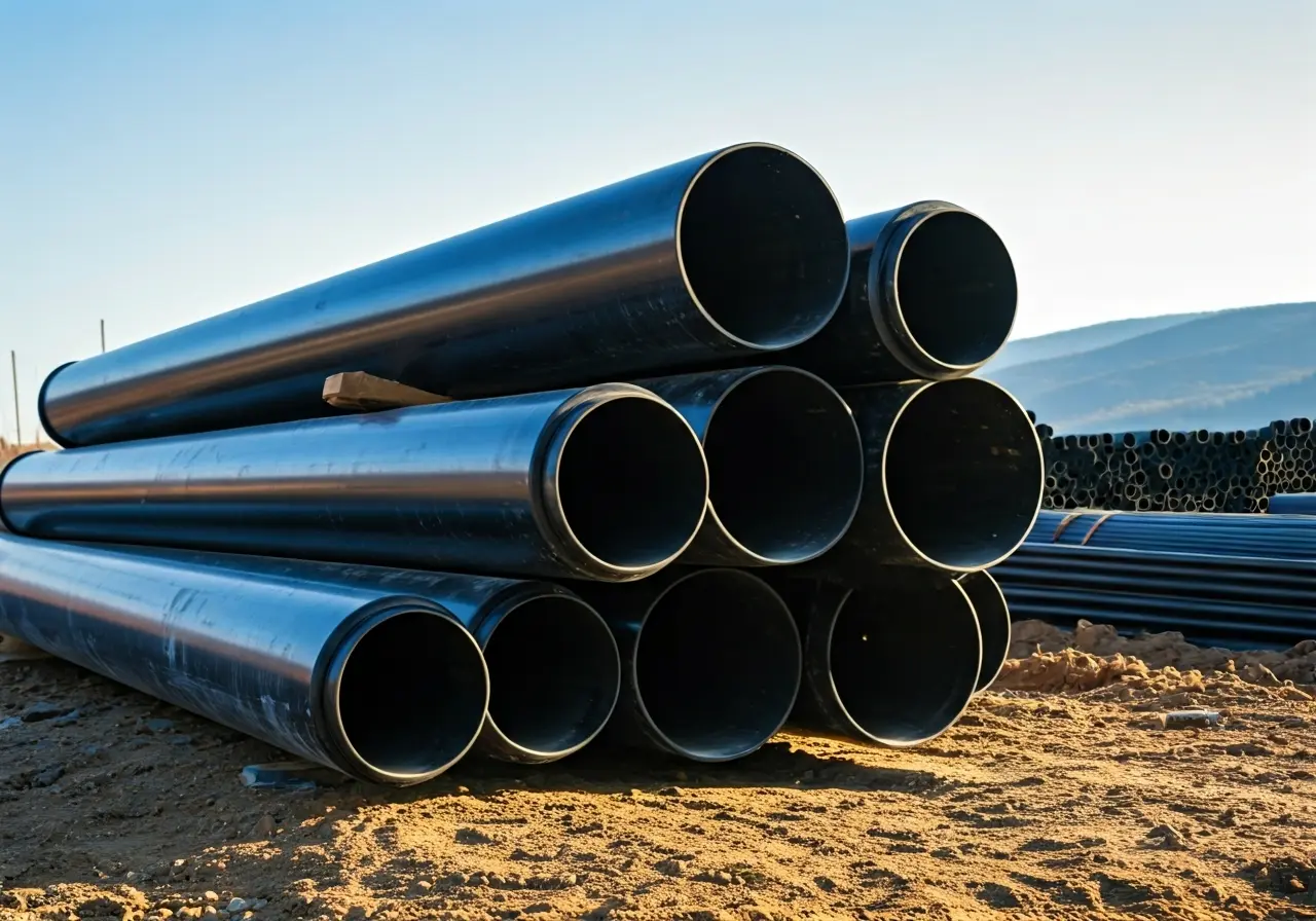A neatly stacked array of PVC pipes on construction site. 35mm stock photo