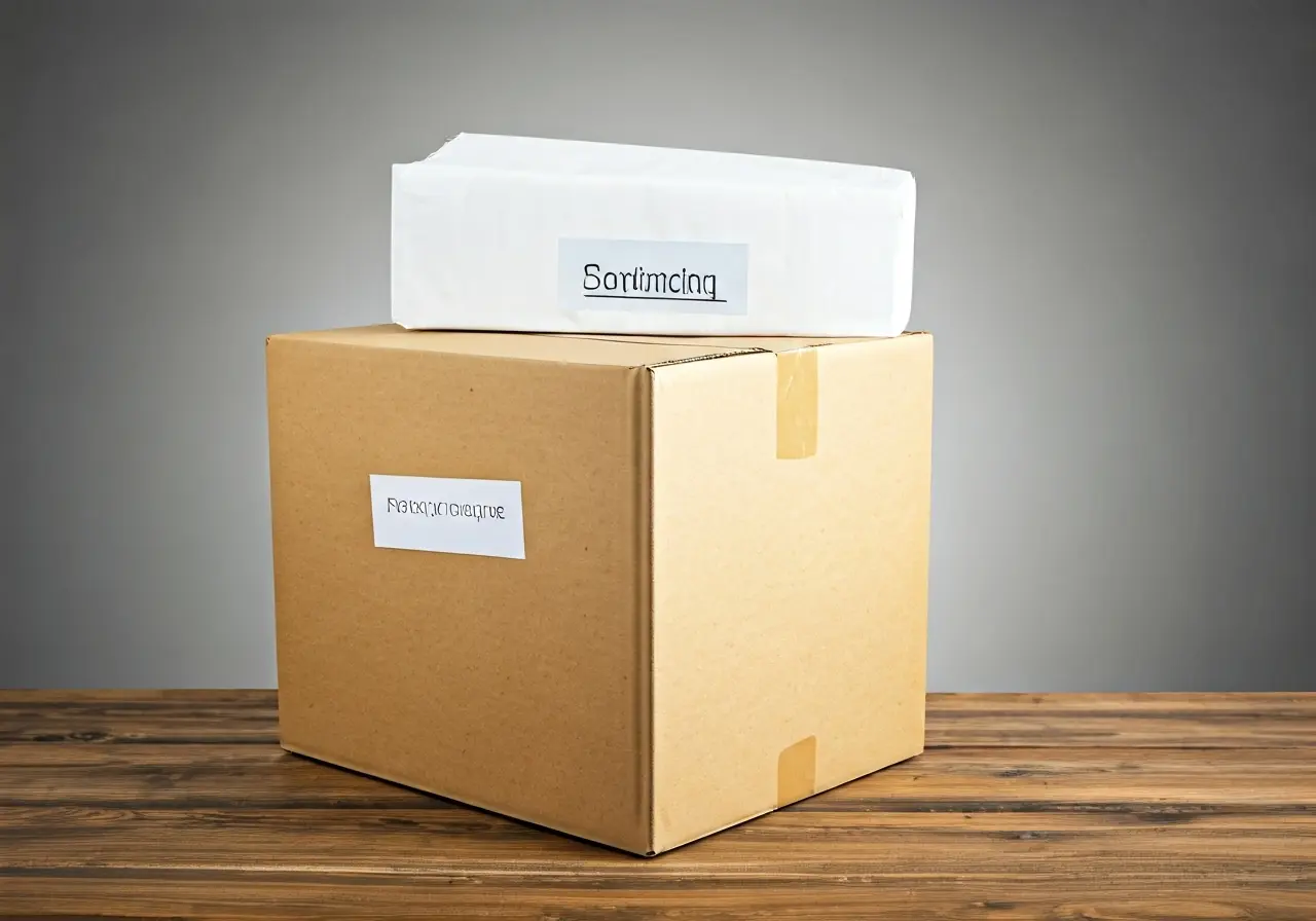 A neatly packed moving box with labeled sorting categories. 35mm stock photo