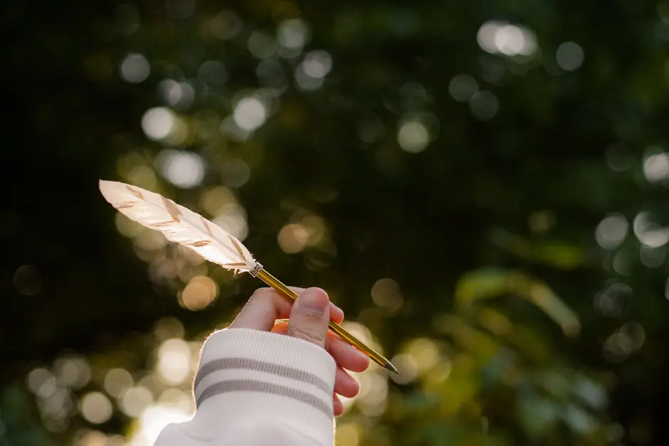 A hand is holding a feathered pen