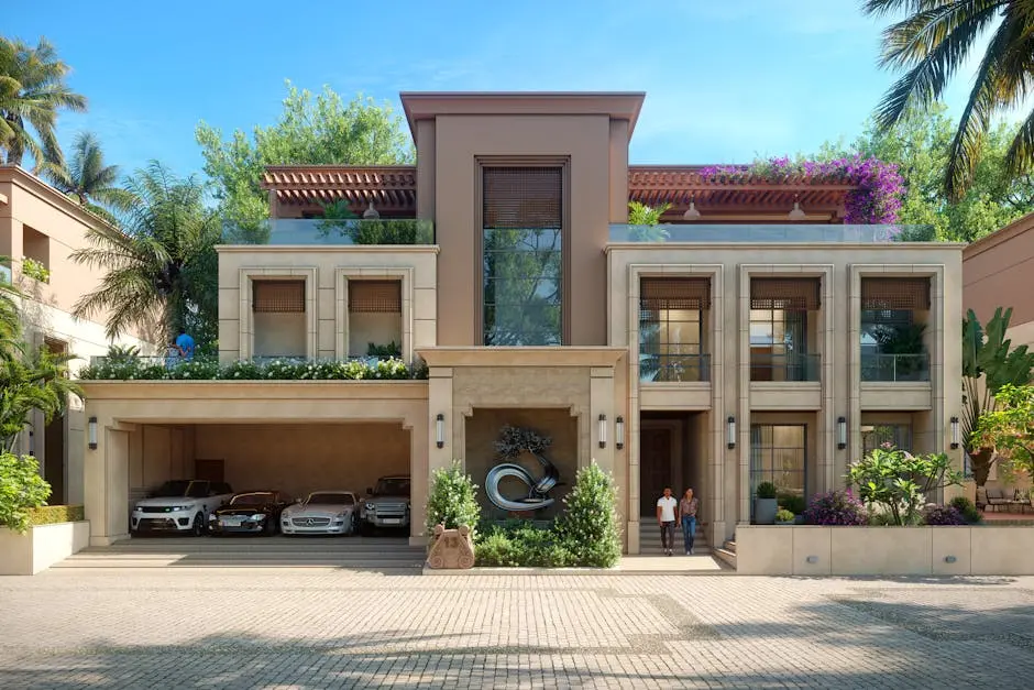 A stunning modern villa showcasing luxury and elegance with exotic cars and lush greenery.