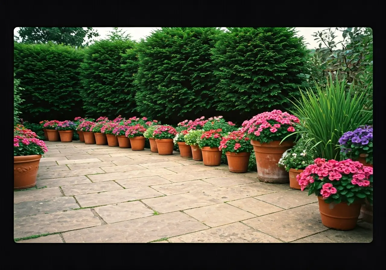 Stone patio with neatly arranged colorful flower pots. 35mm stock photo