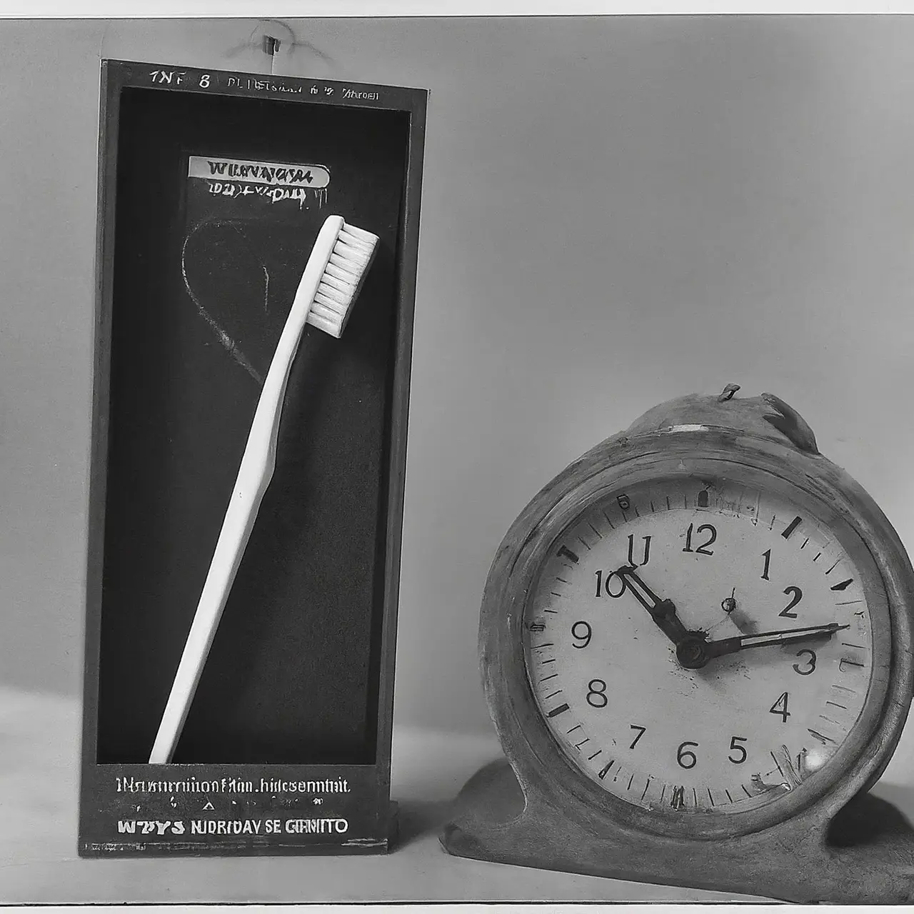 A toothbrush with toothpaste on it next to a timer. 35mm stock photo