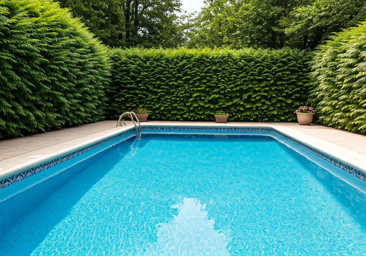 A sparkling fiberglass pool surrounded by lush greenery. 35mm stock photo