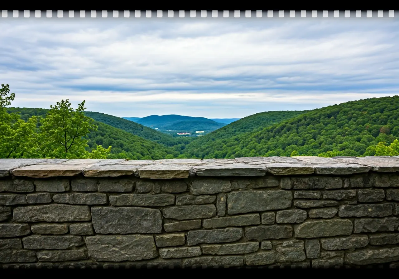 A rustic stone wall overlooking a scenic Hudson Valley landscape. 35mm stock photo