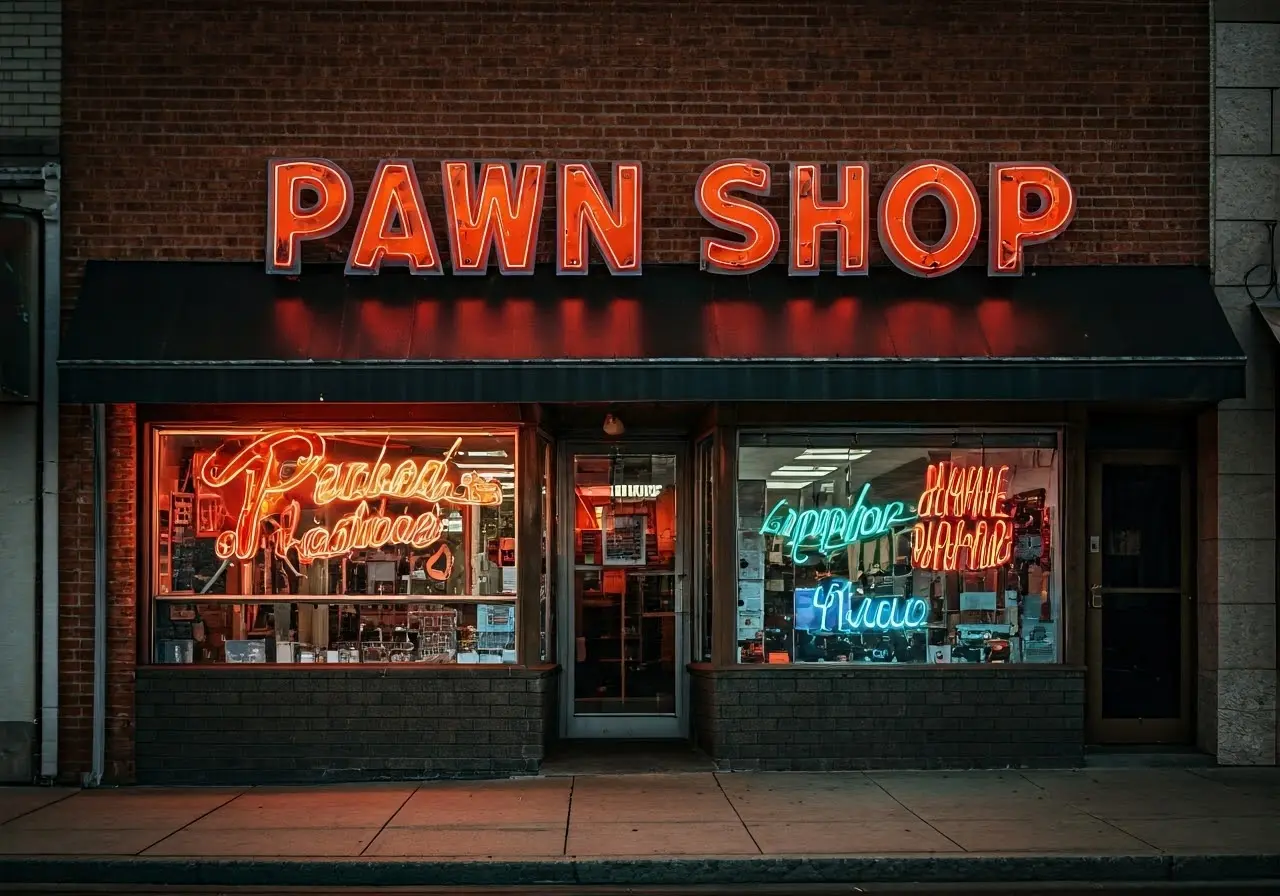 A storefront with a large Pawn Shop sign and neon lights. 35mm stock photo