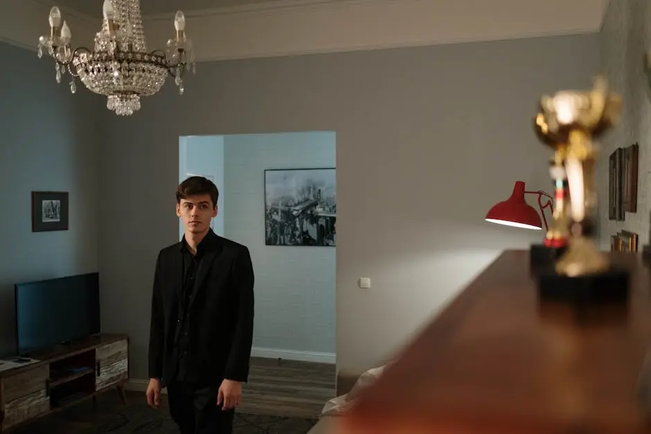 Young man in black suit stands in a classic living room with trophies and chandelier.
