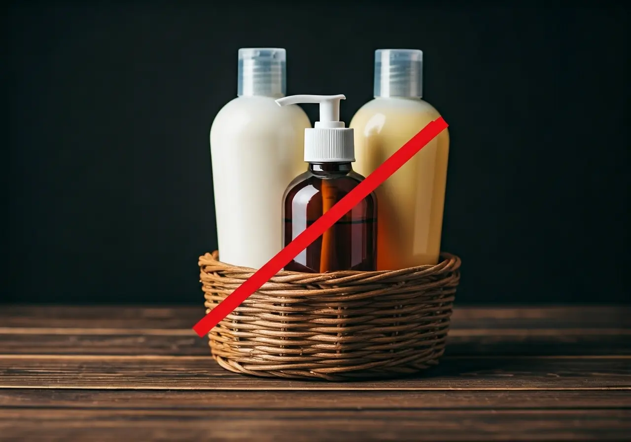Bottles of haircare products with crossed-out harmful ingredients. 35mm stock photo