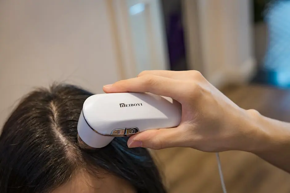 Close-up of a handheld device examining a person’s scalp indoors.