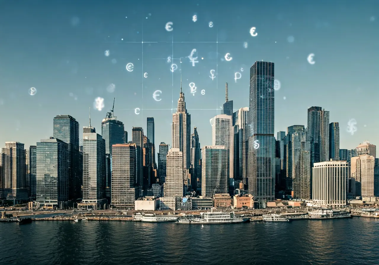 A futuristic cityscape with digital financial symbols overlay. 35mm stock photo