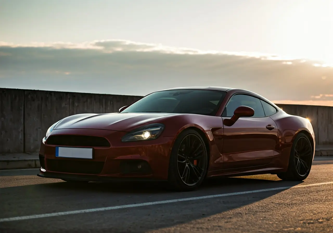 A sleek car reflecting sunlight covered in a glossy coating. 35mm stock photo