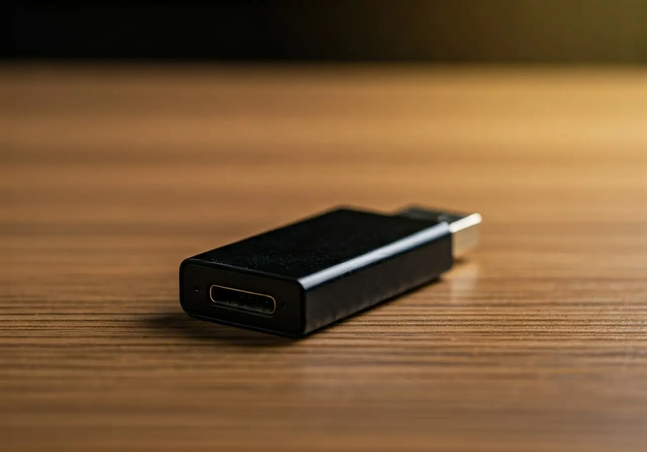 A sleek black USB Wi-Fi adapter on a wooden desk. 35mm stock photo