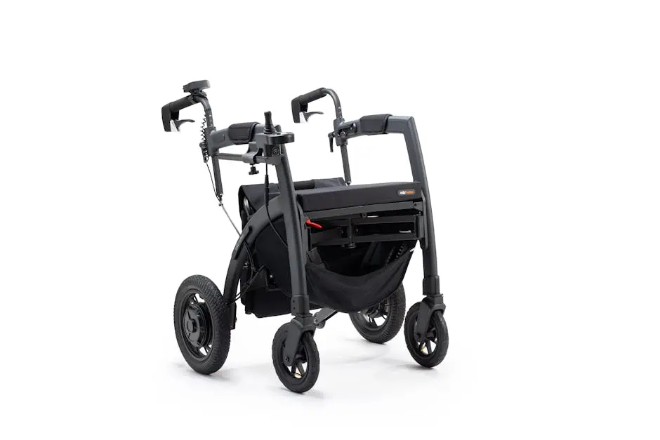 High-tech folding electric wheelchair photographed in a studio setting on a white background.