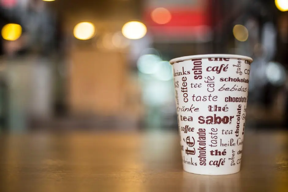 A coffee cup with multilingual text stands on a wooden table in a vibrant café setting.