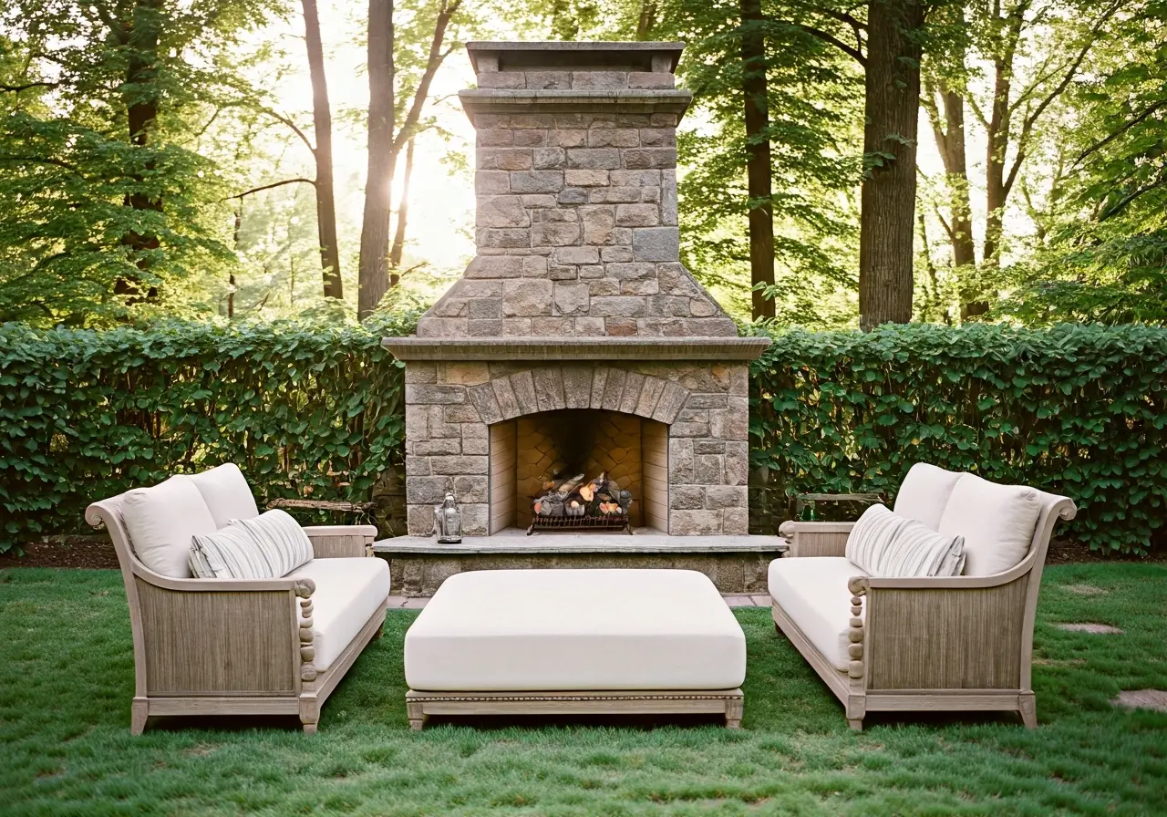 Stone fireplace surrounded by elegant outdoor lounge furniture. 35mm stock photo