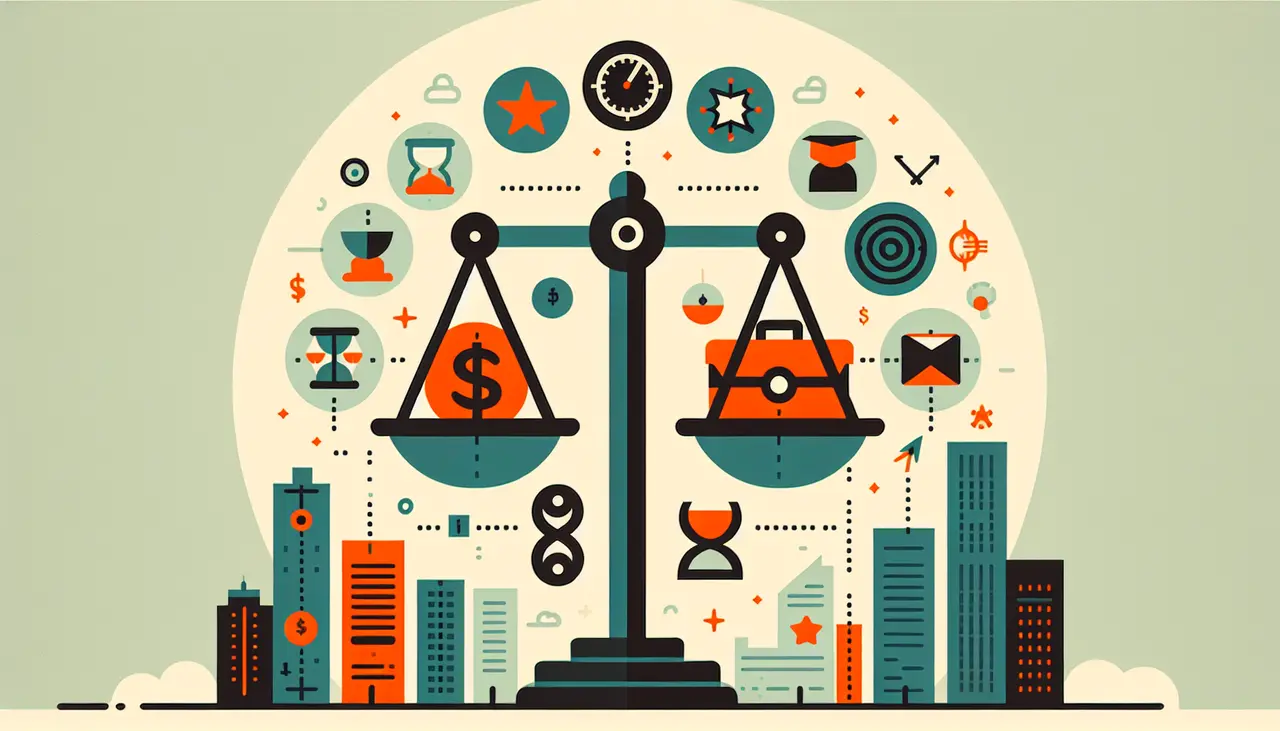 Draw a graphic in flat design style. A flat design illustration of a scale balancing a dollar sign and a briefcase, surrounded by minimalist icons representing various legal service factors like time, reputation, and complexity, set against a simple backdrop of Burbank’s skyline.