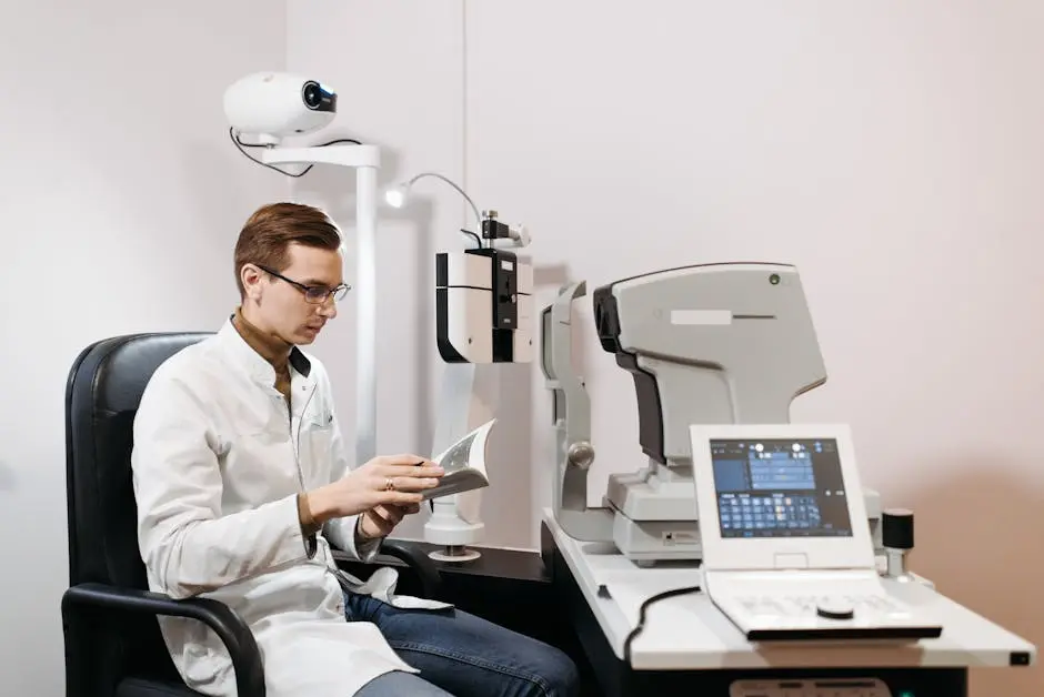 Eye care professional in clinic using ophthalmology equipment, wearing glasses and a lab coat.