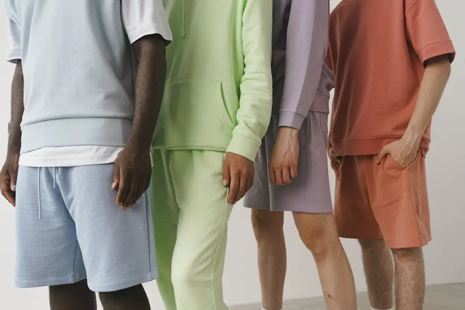 A close-up image showcasing a variety of pastel-colored men’s fashion sweatshirts and shorts.