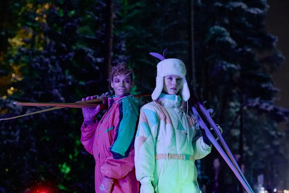 Two women holding skis in vibrant outfits during a snowy night, set against a forest backdrop.