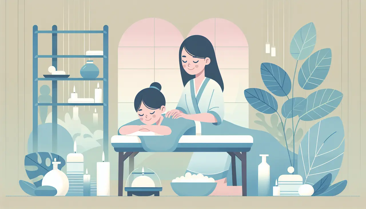 Draw a graphic in flat design style. A serene flat design illustration of a mother and daughter enjoying side-by-side massages in a tranquil spa setting, with soft pastel colors and minimalist decor.