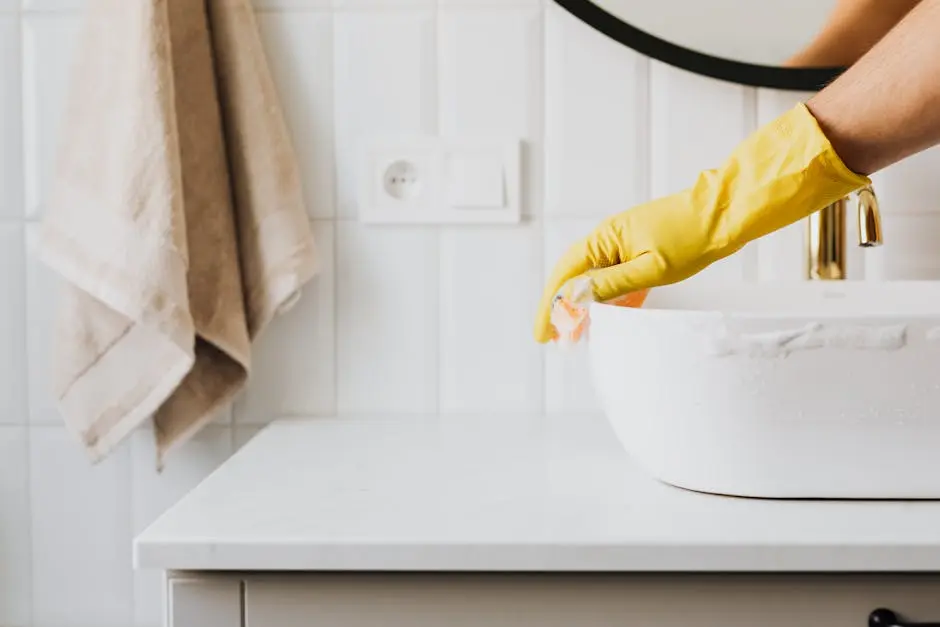 Crop anonymous person wearing yellow latex gloves washing sink in bathroom with orange sponge and cleanser while cleaning contemporary flat