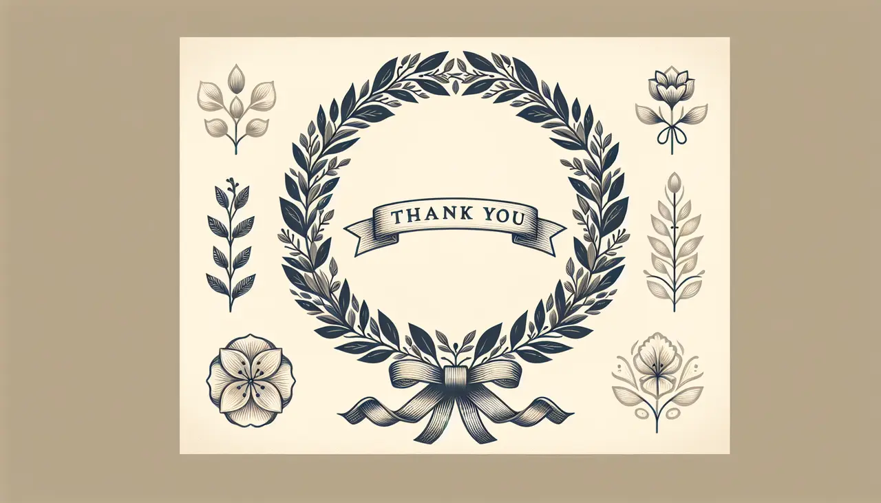 Draw a graphic in flat design style. An image of a serene, minimalist floral wreath with a gentle ribbon that reads Thank You at its center.