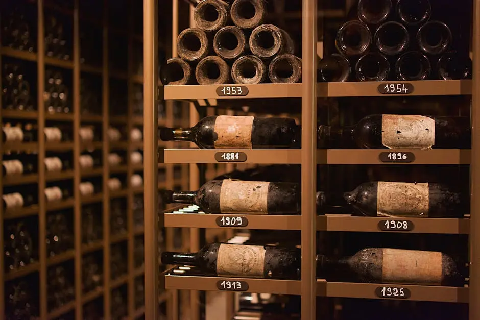 A collection of vintage wine bottles from an old cellar in Pauillac, France.