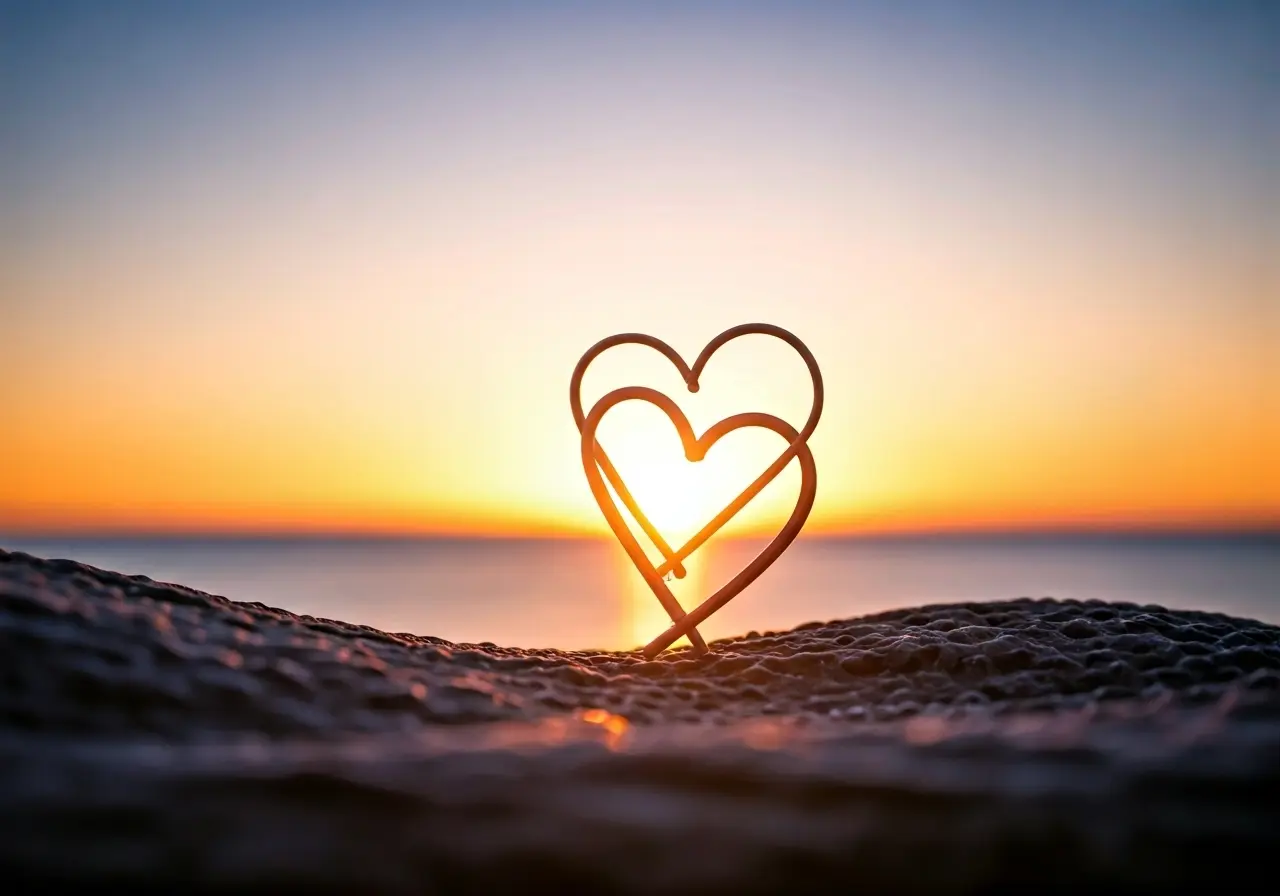 Two interlocking hearts on a peaceful, scenic background. 35mm stock photo