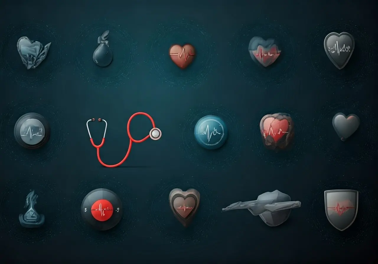 A collection of health-themed icons with a stethoscope. 35mm stock photo