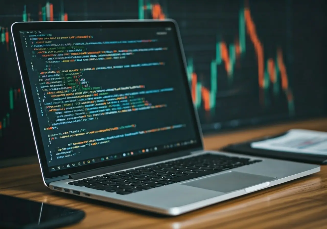 A laptop displaying code with financial charts in the background. 35mm stock photo