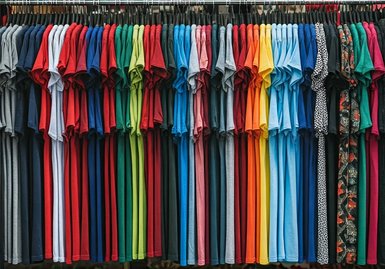 A colorful array of Christian graphic tees on display racks. 35mm stock photo