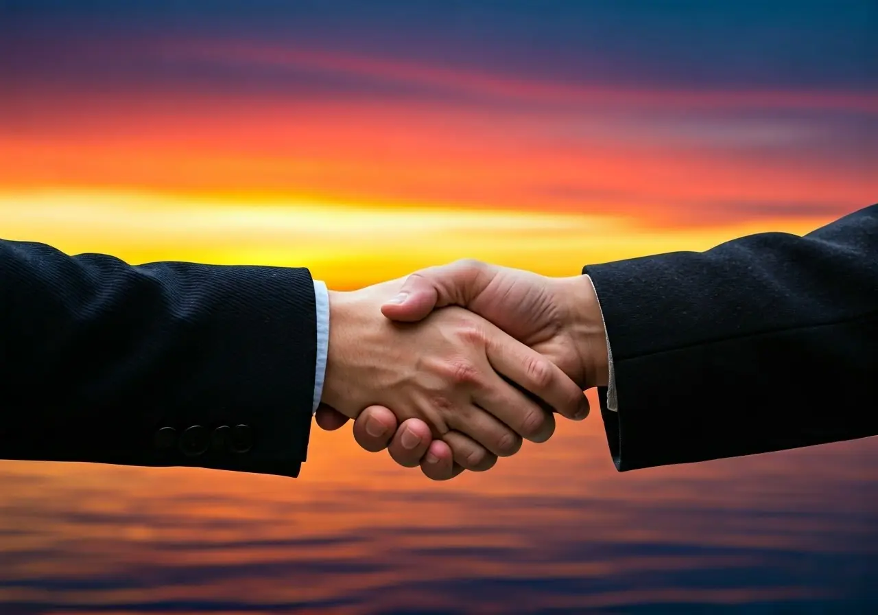 Two hands shaking in front of a vibrant sunset. 35mm stock photo