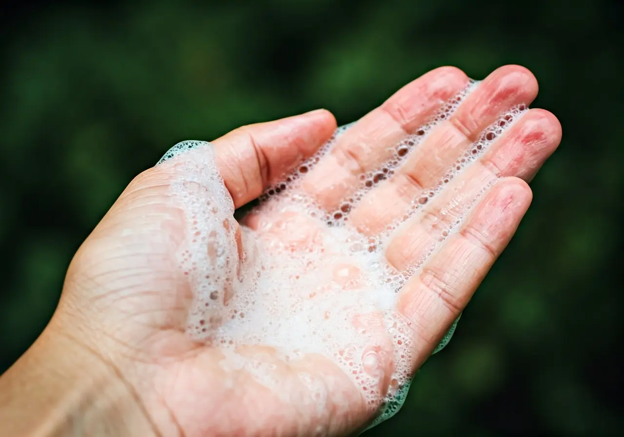 Close-up of bubbles and water on a soapy hand. 35mm stock photo