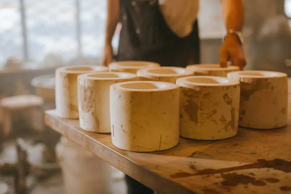 Ceramic molds in a pottery workshop with a craftsman at work, amid warm ambient light.