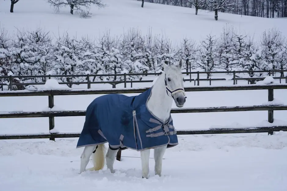 A white horse in a blue blanket stands in a snowy winter landscape by a wooden fence.