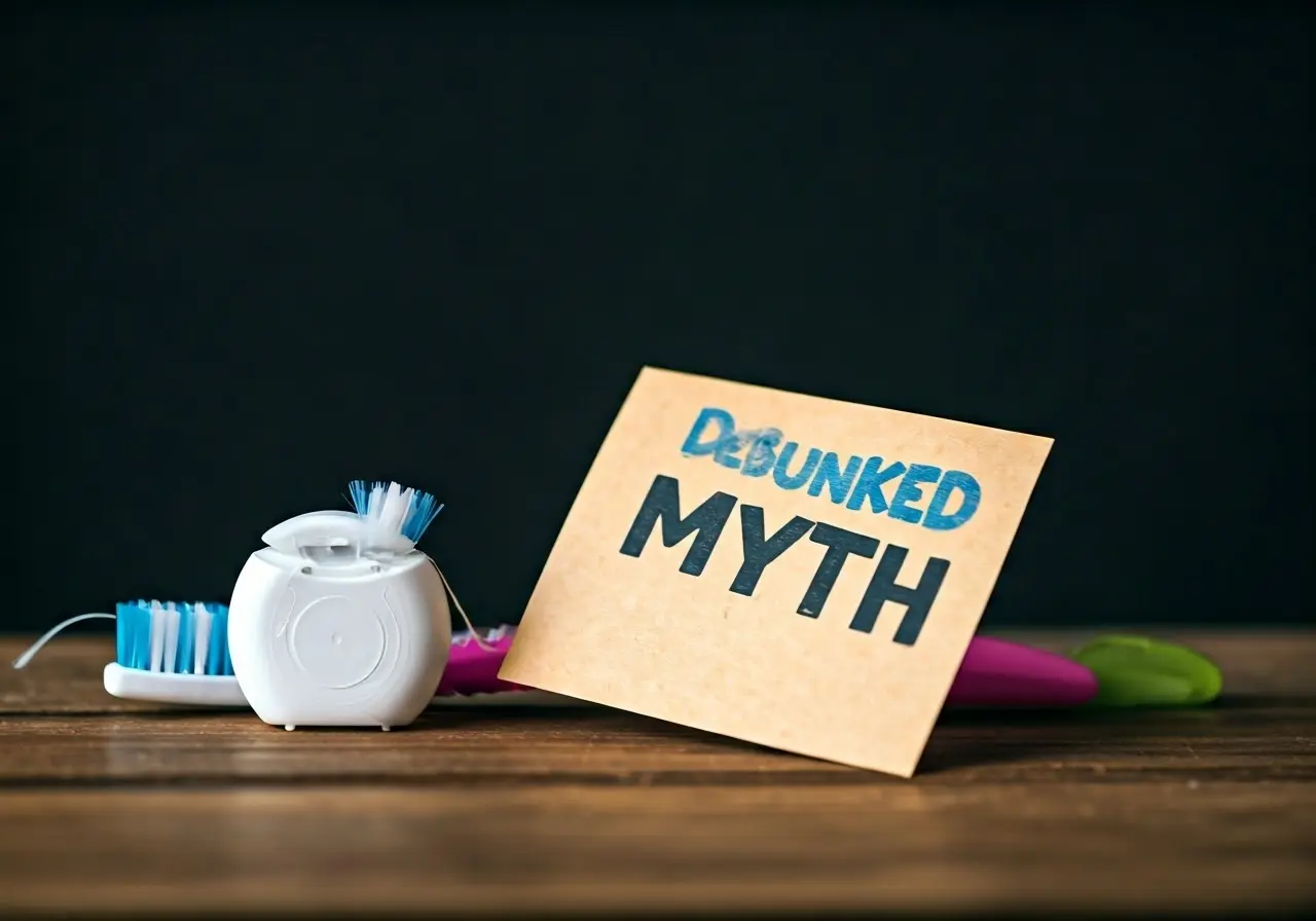 A toothbrush and dental floss beside a debunked myth sign. 35mm stock photo