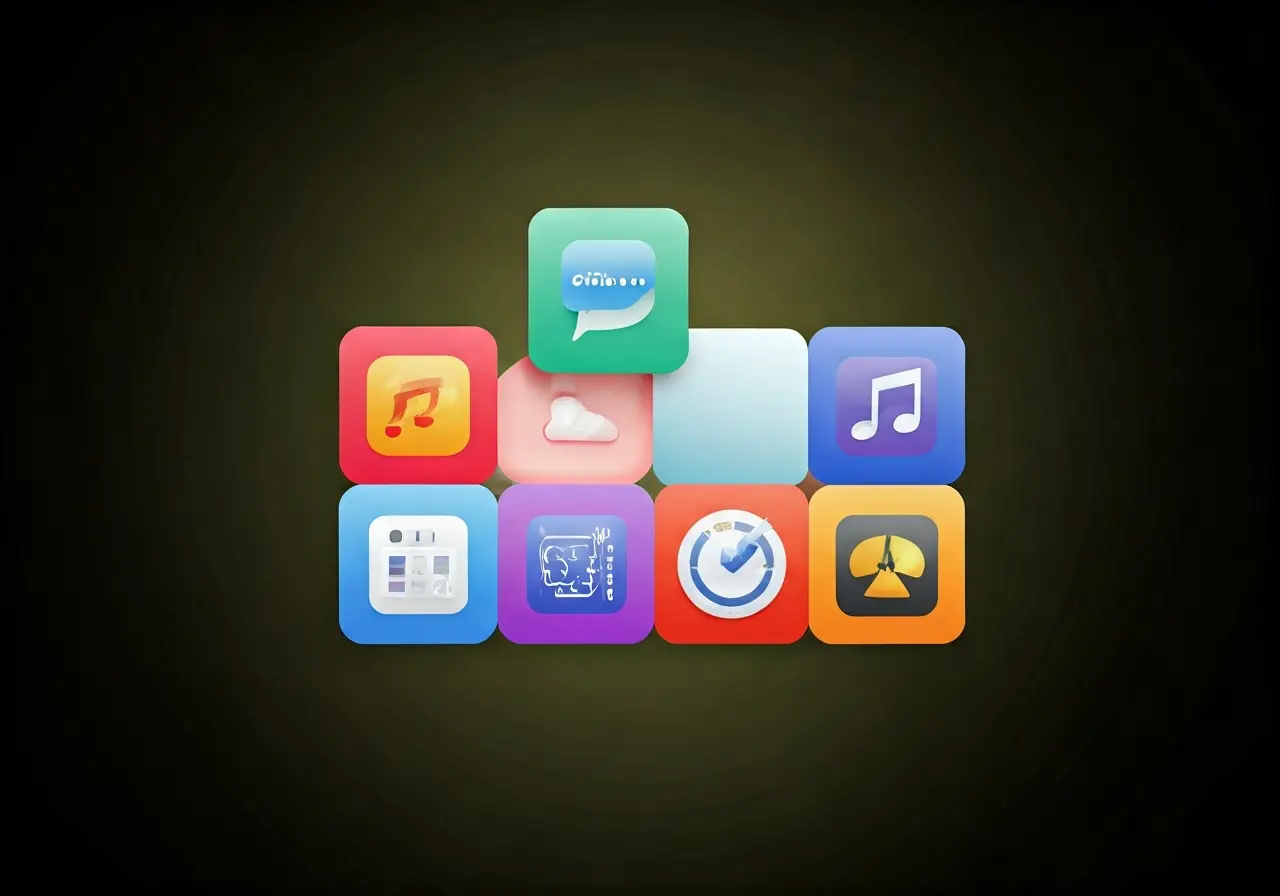 A colorful app icons collage on a smartphone screen. 35mm stock photo