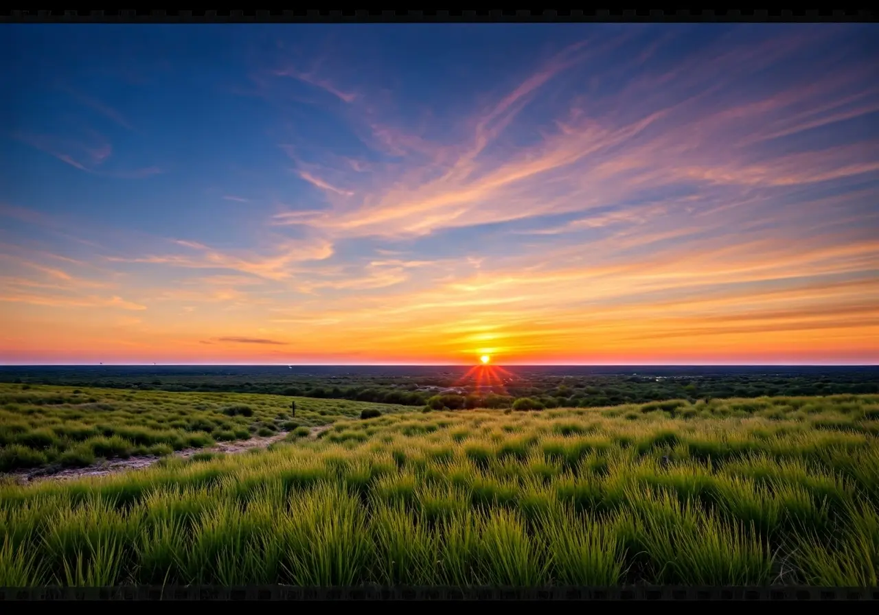 A serene Texas landscape at sunrise with calming colors. 35mm stock photo
