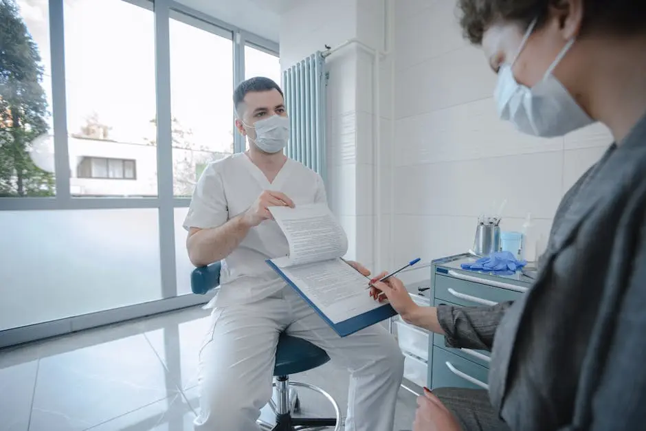 Doctor and patient in modern clinic discussing a medical document, both wearing masks for safety.