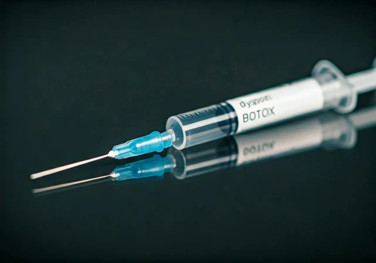 A close-up of two syringes labeled Dysport and Botox. 35mm stock photo