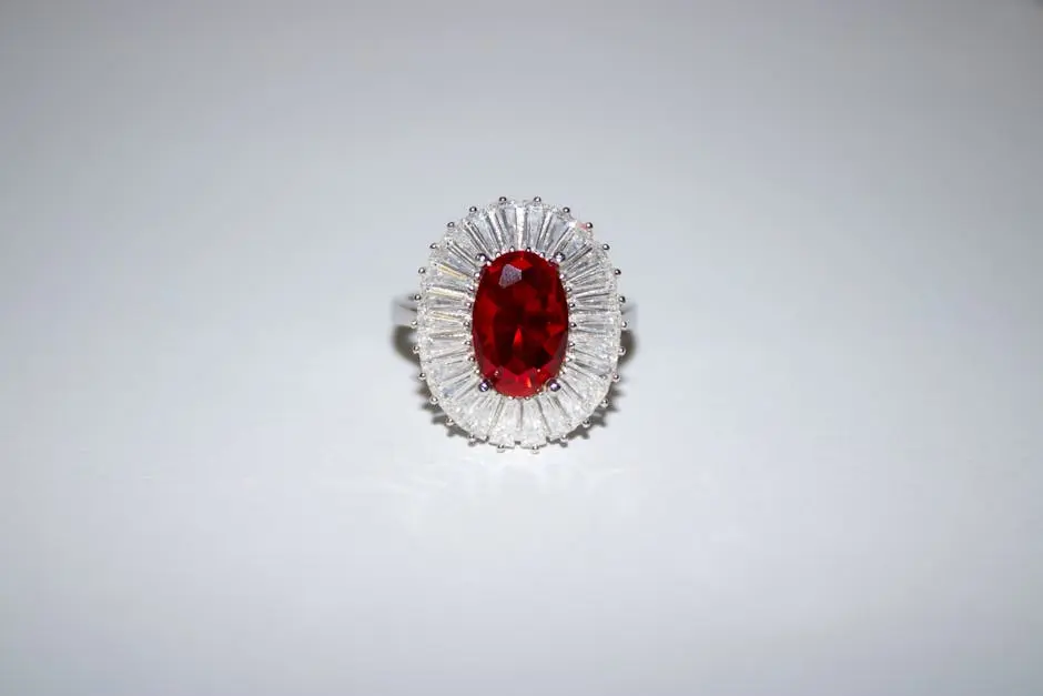 A stunning ruby and diamond silver ring elegantly displayed against a light background.