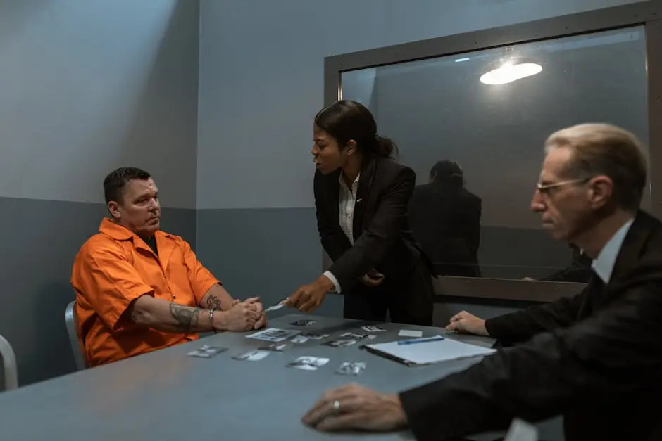 A tense interrogation scene with lawyers questioning an inmate in a prison setting.