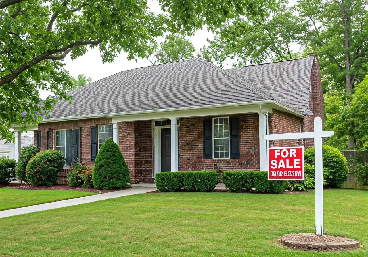 A house with a For Sale sign in the yard. 35mm stock photo