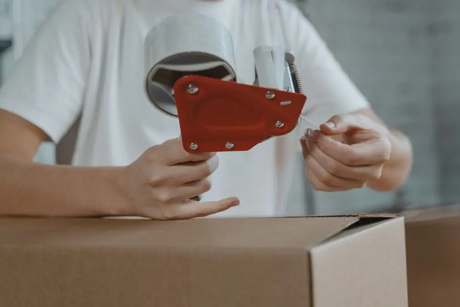 Close-up of person sealing a cardboard box with tape for packaging and shipping.