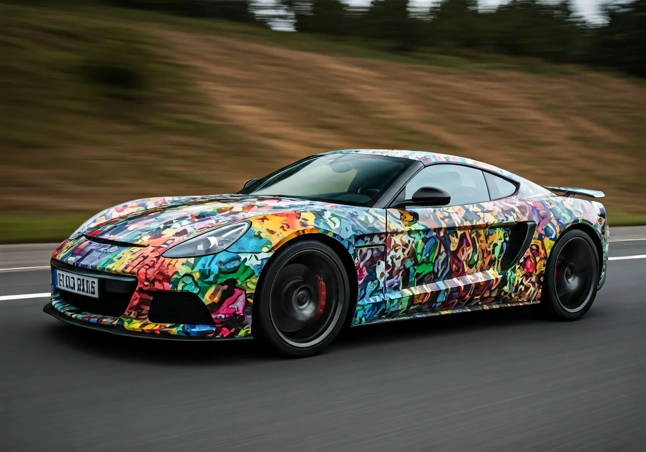 A sleek sports car with vibrant, colorful graphic decals. 35mm stock photo