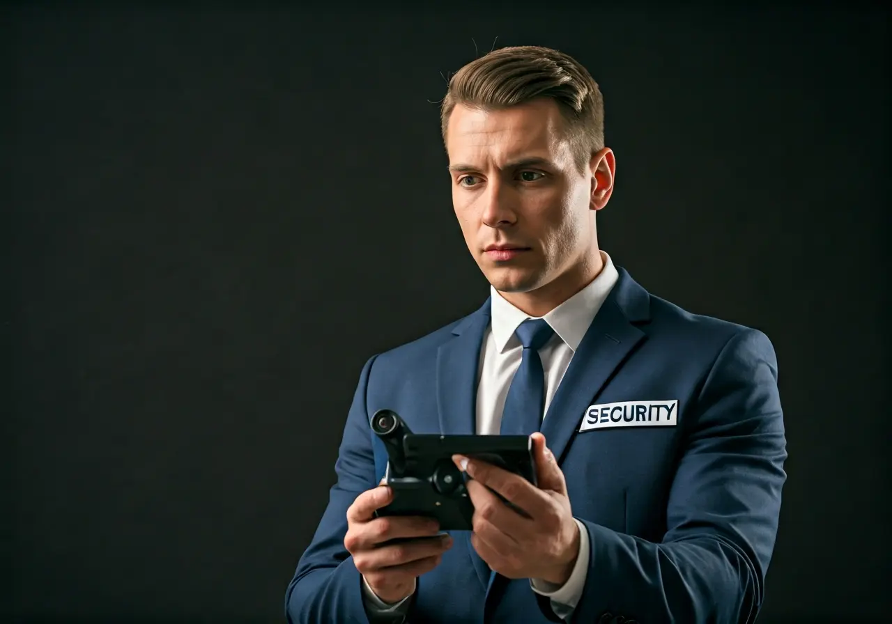 A suited security guard analyzing the venue with surveillance tools. 35mm stock photo