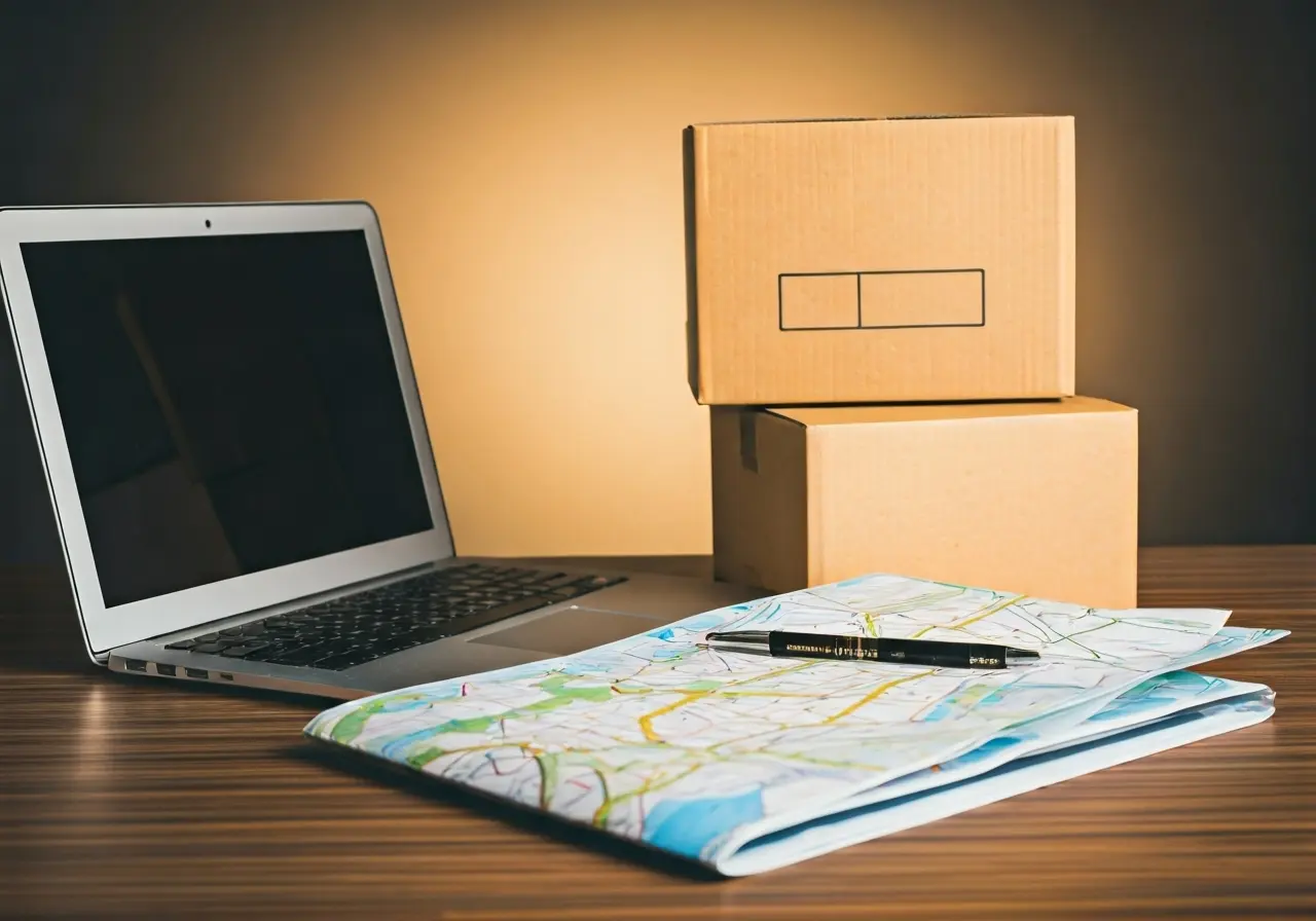A roadmap and moving boxes beside a laptop computer. 35mm stock photo
