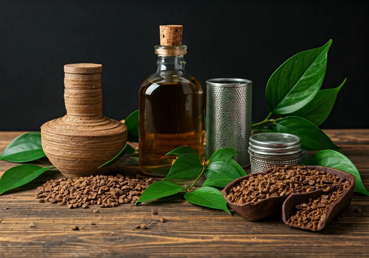 Assorted grounding accessories on a wooden table with greenery. 35mm stock photo