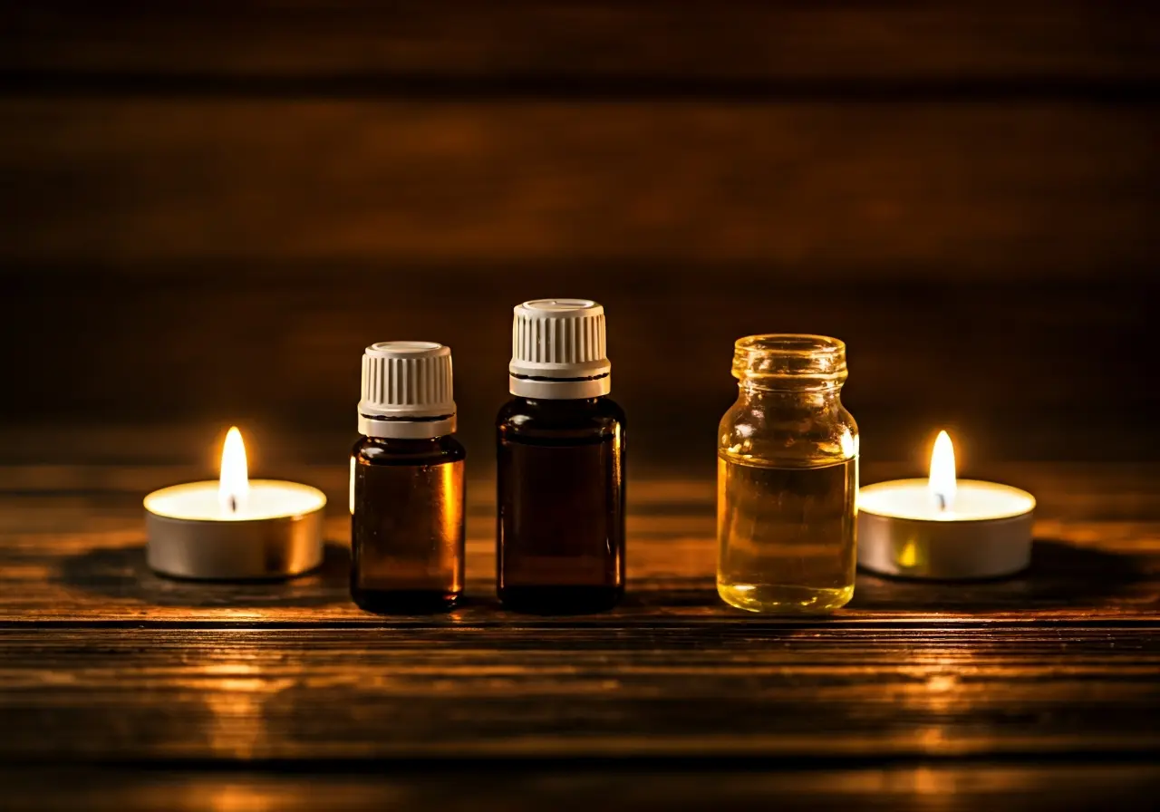 Essential oil bottles and a few scented candles lit. 35mm stock photo