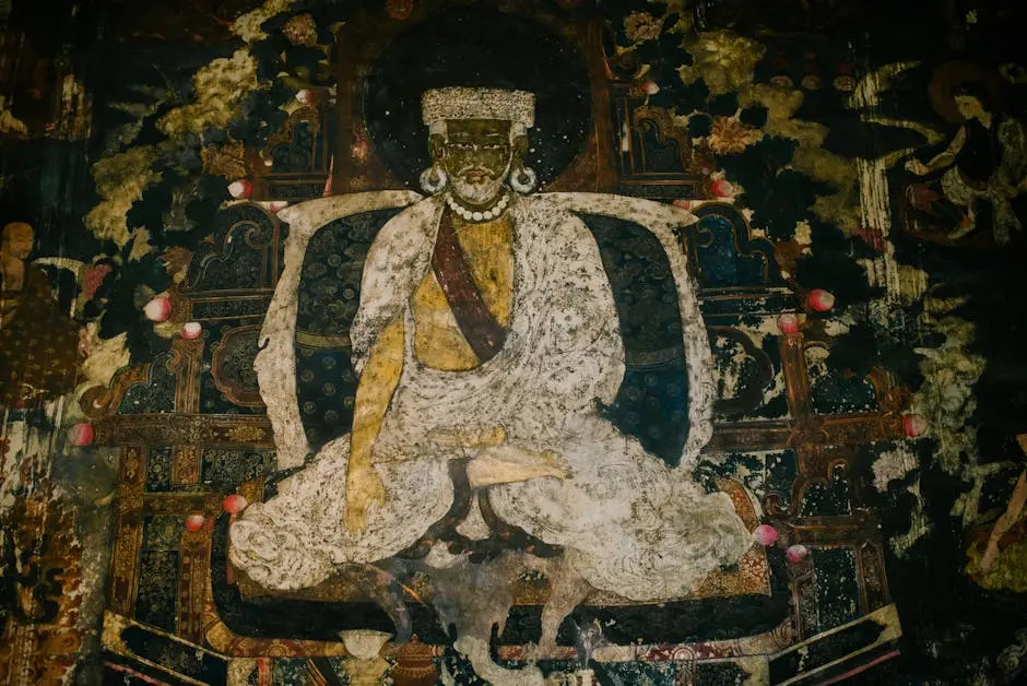 Ancient Tibetan Buddhist mural depicting a monk with intricate details and spiritual symbolism.